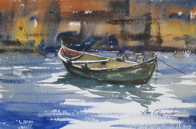 seascape, boat, rowboat, dock, sea, oberst, watercolor, painting
